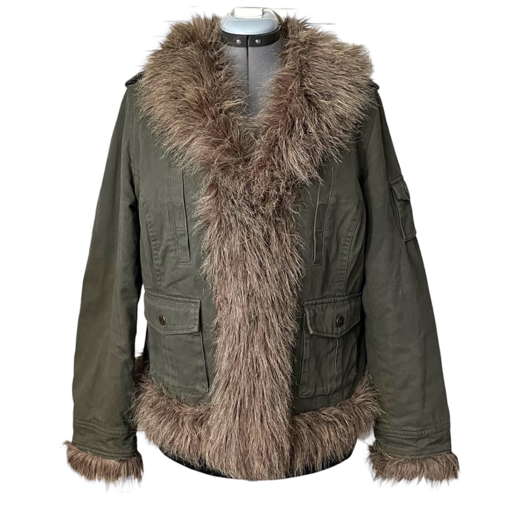 Vintage Y2K Faux fur trimmed khaki military style jacket 1X
